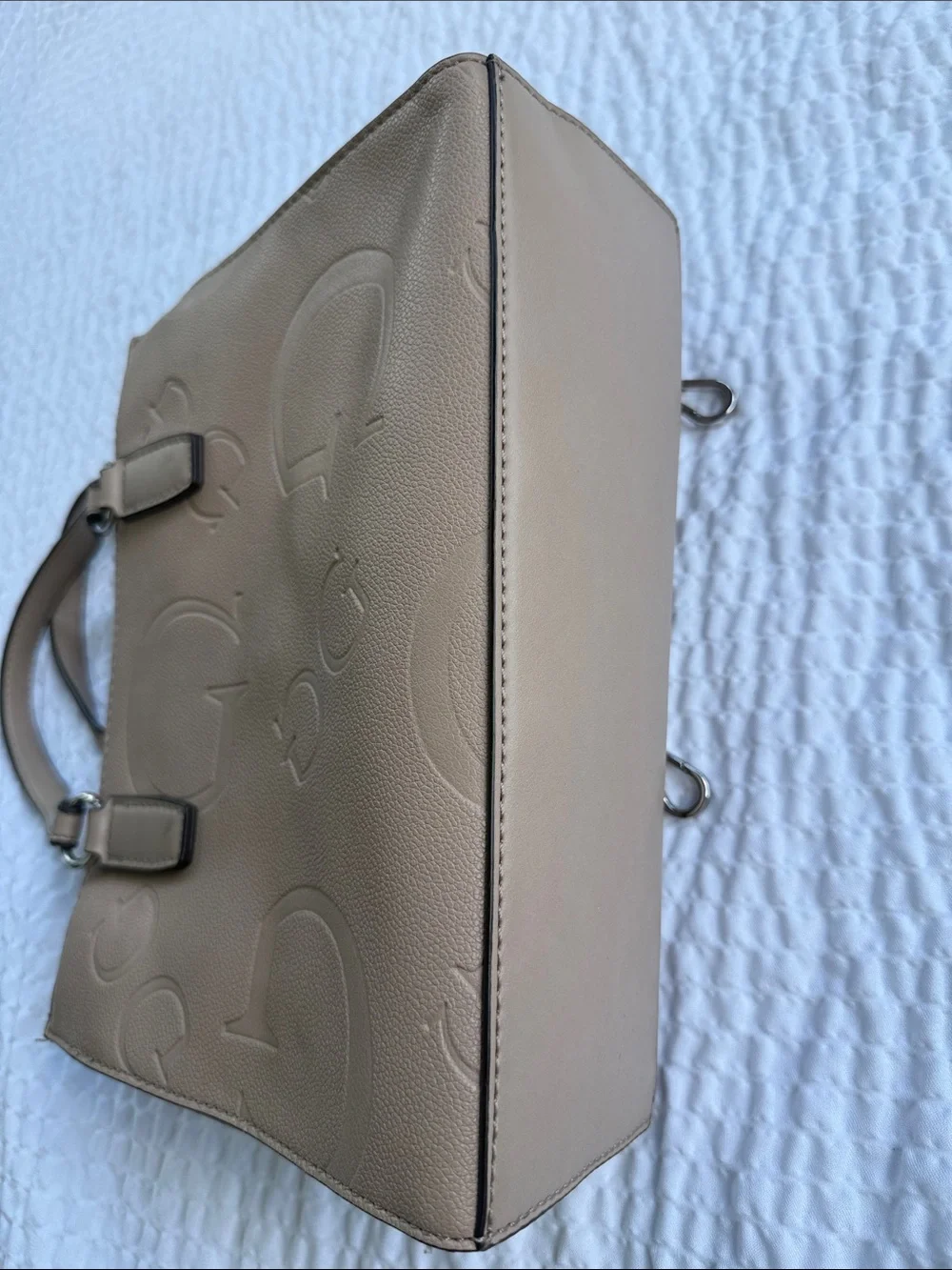 GUESS Taupe Embossed Logo Satchel with Charm